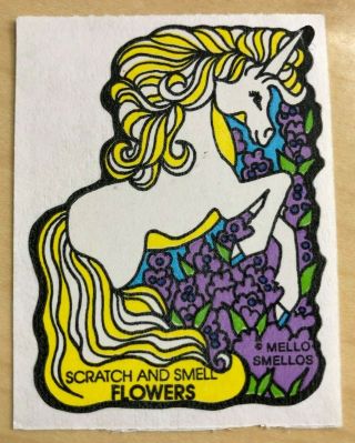 Vintage Mello Smellos Scratch & Sniff Unicorn Sticker Purple Flowers - L@@k