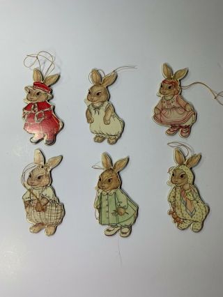 Six Vintage Bonnie Die Cut Decorative Easter Bunny Ornaments W/ Gold Cords 1986