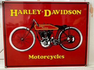 Antique Harley Motorcycle 14 " X 11 " Porcelain Metal Red 1914 Board Track Sign