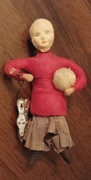 Antique German Spun Cotton Christmas Ornament Girl With Ice Skates And Ball