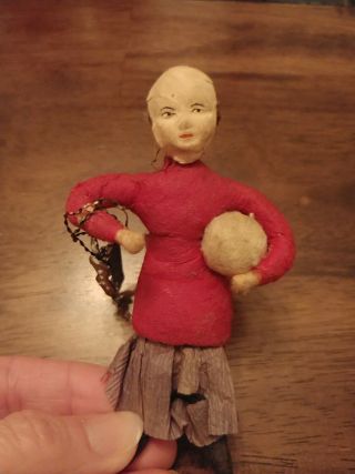 Antique German Spun Cotton Christmas Ornament Girl with Ice Skates and Ball 3