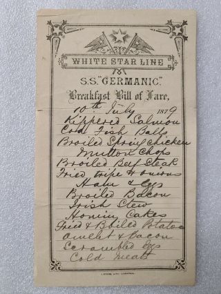 1879 White Star Line Ss Germanic Breakfast Bill Of Fare,  Liverpool,  Uk