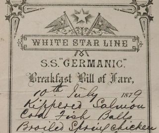 1879 White Star Line SS Germanic Breakfast Bill of Fare,  Liverpool,  UK 2