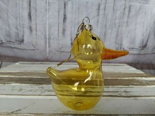 Vintage Yellow Duck Hand Blown Clear Glass Transparent Christmas Tree Ornament