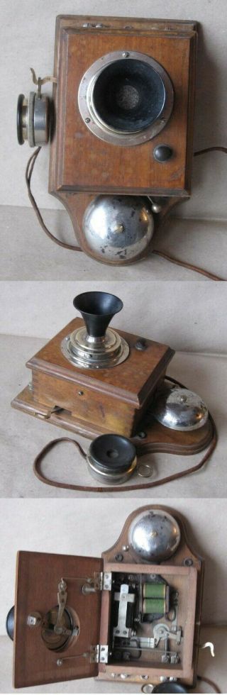 Antique German Wall Telephone Phone / Wooden Box / 1910 - 1920