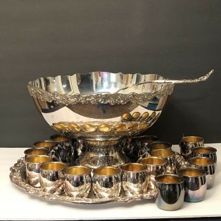 F.  B.  Rogers Silver Co.  Silverplate Large Punch Bowl 20 Cups Trays Ladle