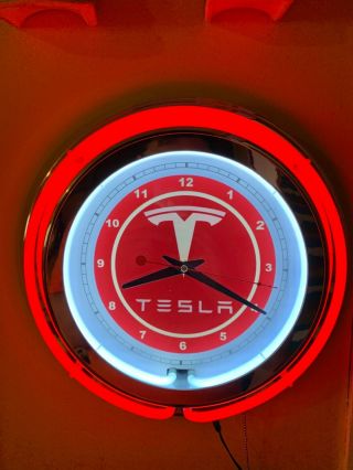 ^tesla Motors Auto Garage Bar Man Cave Red Neon Advertising Clock Sign