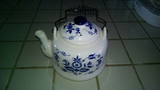 Vintage Blue Onion Teapot Metal Handle Japan 7”