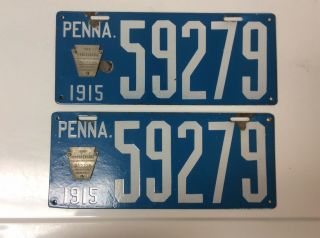 1915 Pennsylvania License Plate Porcelain Pair