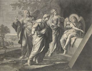 Antique French Engraving,  “holy Women At The Tomb Of Christ”,  By Etienne Gantrel