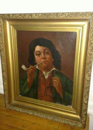 Antique 19thc Italian ? School Oil Painting Young Man With Pipe Mystery Artist