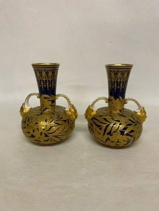 Pair Antique Royal Crown Derby Vase Face Handles,  Gold Gilding / Cobalt Blue