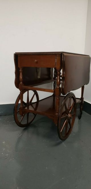 Vintage Drop Leaf Rolling Tea Cart,  W/single Drawer,  Glass Shelf.