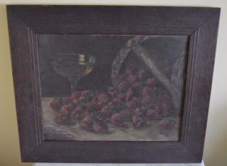 Antique Strawberry Basket Wine Fruit Still Life Oil On Board Turn Of The Century