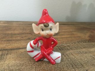 Vintage Mid - Century Japan Porcelain Pixie Elf Gnome On Candy Cane Figurine 1950s