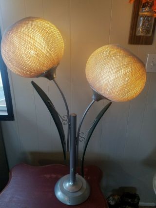 Vintage Mid Century Modern Wood Metal Spaghetti Table Lamp With 2 String Globes