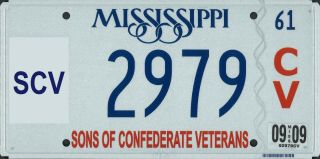 Mississippi Sons Of Confederate Veterans Scv Socv License Plate Rare