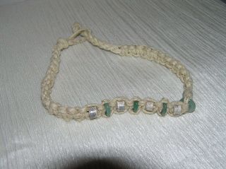 Vintage Tan Macrame Rope With Green Glass Disk Beads Hippie Boho Choker Necklace