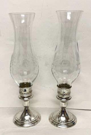Two Antique Sterling Silver Gorham Hurricane Candlestick Holders W Glass Globes