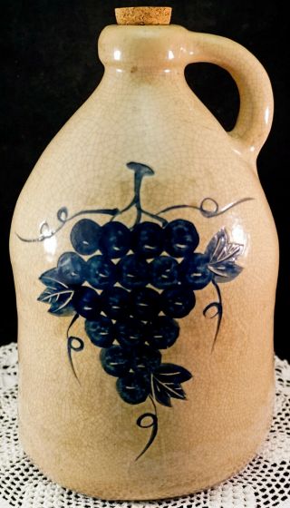 Antique Stoneware Blue Grape & Leaf Salt Glaze Crockery Moonshine Jug