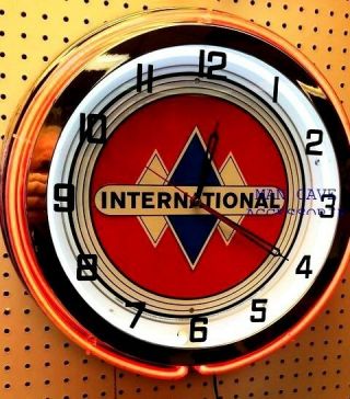 18 " International Truck Ih Sign Orange Double Neon Clock