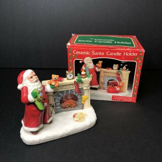 Vintage Santa W/ Fireplace Lit By Tea Light Candle Holder Ceramic Figurine (h)