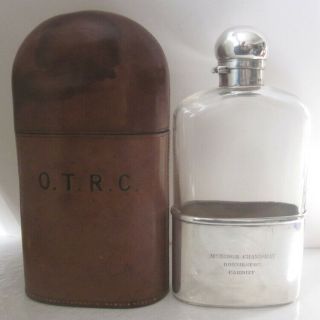 Victorian Sterling Silver Glass & Leather Hip Flask,  Wright & Davies,  London
