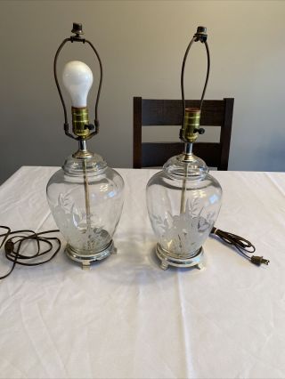 Vintage Etched Cut Glass Side Table Lamps Brass Bases