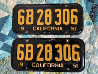 1951 Ca California Black Car License Plates Uncertified 6b 28 306