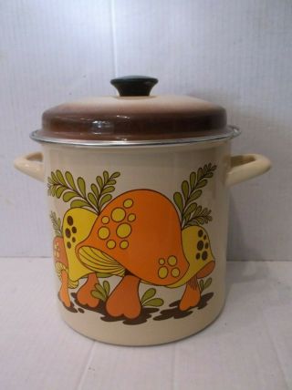 Vintage Merry Mushroom Enamel Pot With Lid - Stock Pot