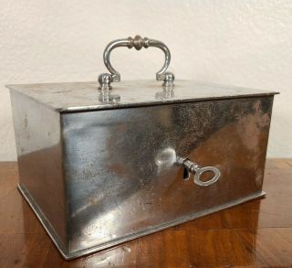 Antique Steel Cash Lock Box W Key Metal Strong Security Safe 19th Century 1800s