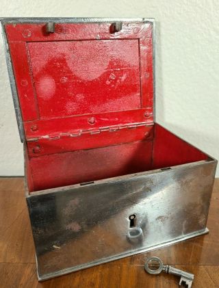 Antique Steel Cash Lock Box w Key Metal Strong Security Safe 19th Century 1800s 2