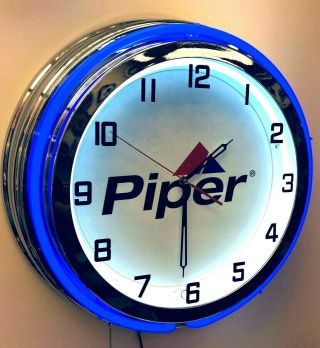 19 " Piper Aircraft Airplane Sign Double Neon Clock Blue Neon Chrome Finish