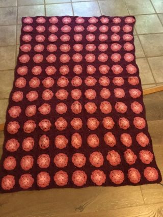 Vintage Handmade Hand Crochet Rose Pattern Afghan Throw Pink 43 " X 68 "