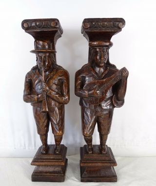 13 " Pair French Antique Hand Carved Solid Oak Wood Figures Corner Trim Salvage