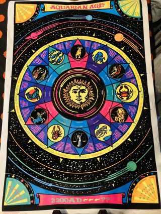 Vintage 70s 1974 Velvet Flocked Black Light Poster Zodiac Astrology