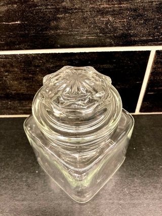 Vtg Clear Glass Square Apothecary Storage Canister Jar Sunburst With Lid 5 1/2 "