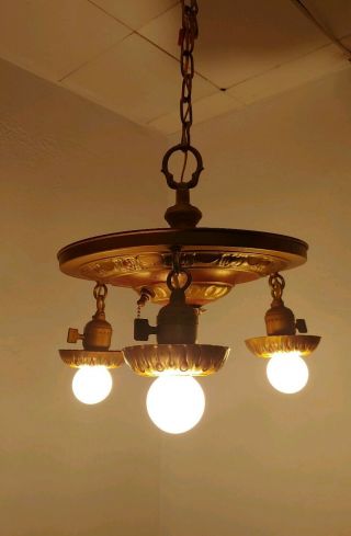 Fabulous 3 Lights Antique Art Deco 1920s Ceiling Light Chandelier,  Gold & Red