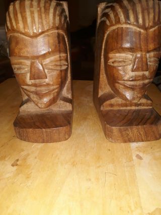 Vintage Rustic Set Of 2 Hand Carved Wooden African Tribal Heads Bookends Wood