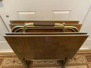 Set Of 4 Vintage Faux Wood TV Tray Tables - Brass Colored Legs & Stand 2
