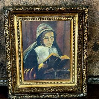 Antique 19th Century Religious Oil Painting Of Convent Nun Praying W Bible