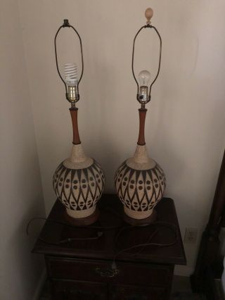 Vintage Mid Century Modern Ceramic And Wood Table Lamps 2