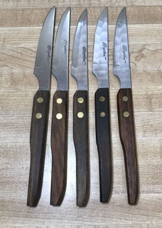 Vtg Set Of 5 Royalton Steak Knives Serrated Blades Stainless Japan Wood Handle
