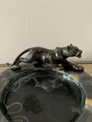 Antique Bronze And Onyx Figural Tiger Ashtray Very Heavy 2