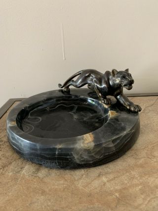 Antique Bronze And Onyx Figural Tiger Ashtray Very Heavy 3