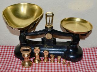 Vintage English “librasco” Kitchen Scales 7 " Librasco " Brass Bell Weights