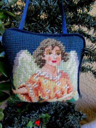 Vintage Needlepoint & Petitpoint Angel Christmas Pillow Door/tree Ornament