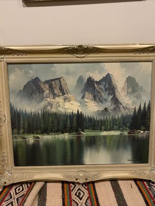 German Swiss Alps Oil Painting On Canvas Signed Antique Frame 40x31”