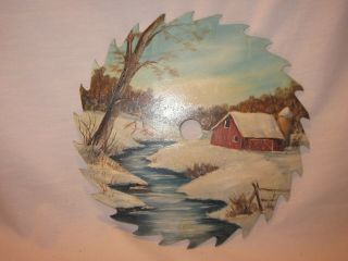 Vintage Signed Art Mary Easton Circular Saw Blade Winter Farm Painting