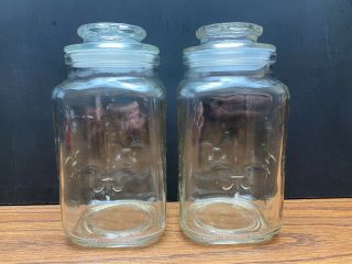 2 Vtg Anchor Hocking Clear Glass Canisters Fleur De Lis Square Apothecary Jars